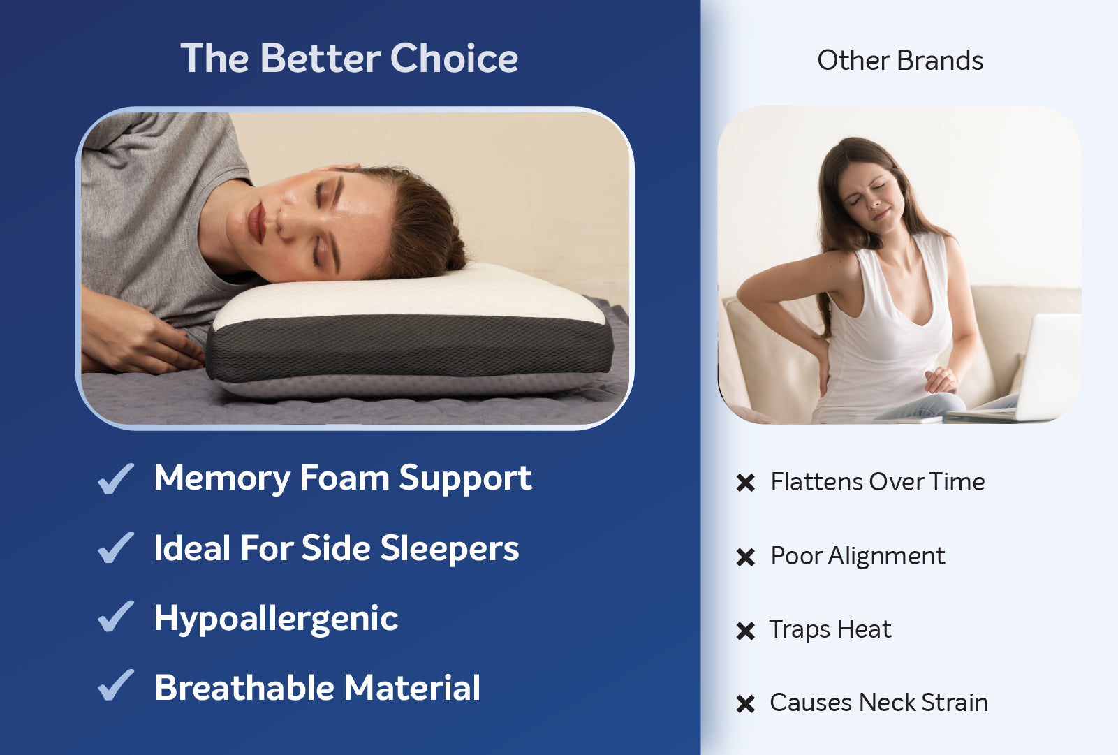 Memory Foam sleeping pillow is made up of hypoallergenic and breathable material for side sleepers.